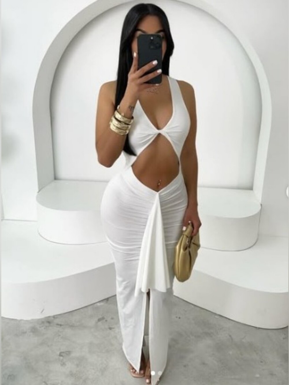 NEW! White Cutout Maxi Dress with Front Drape